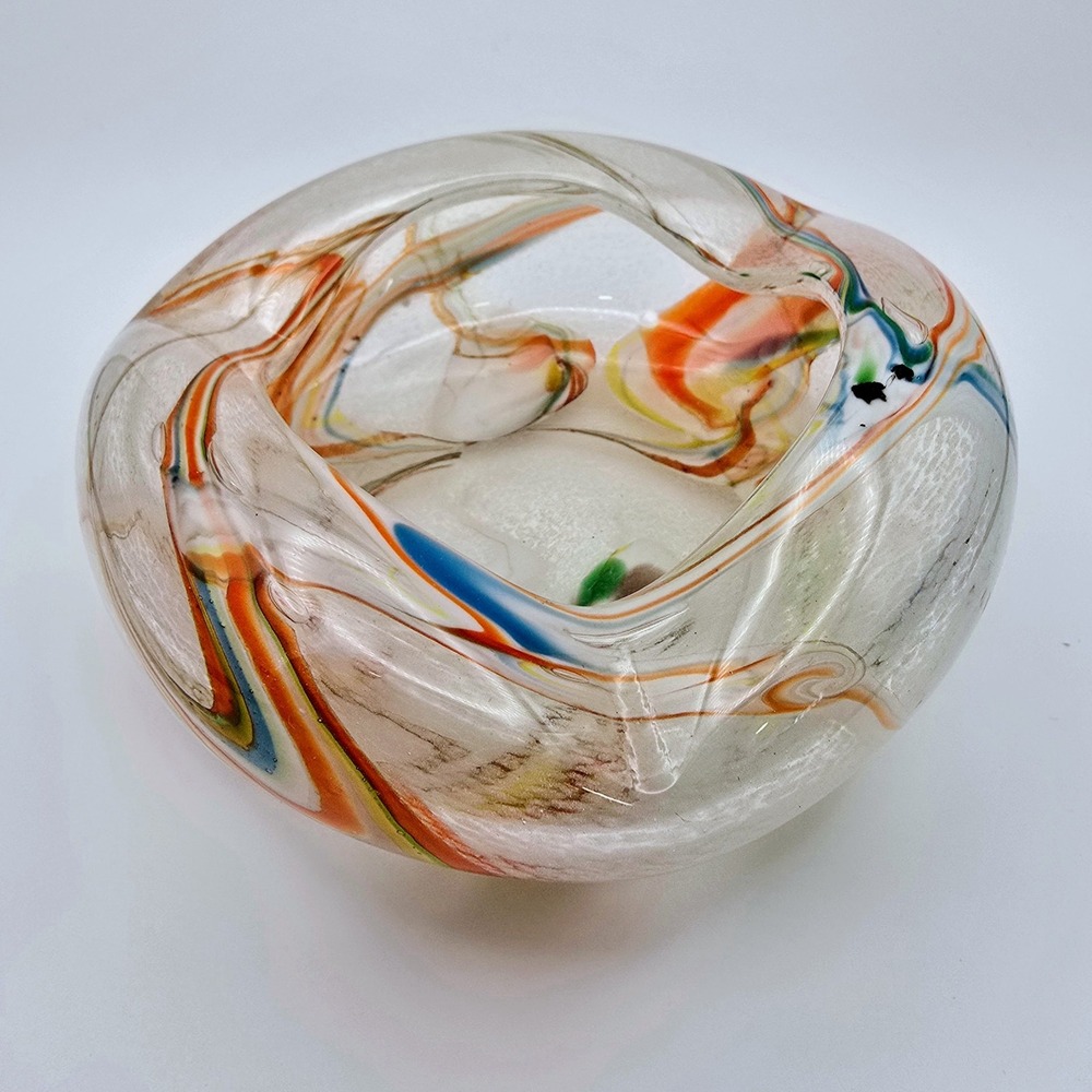 Murano Style Art Glass Hand Blown Bowl Multi Color Swirl Ribbon Organic Shape